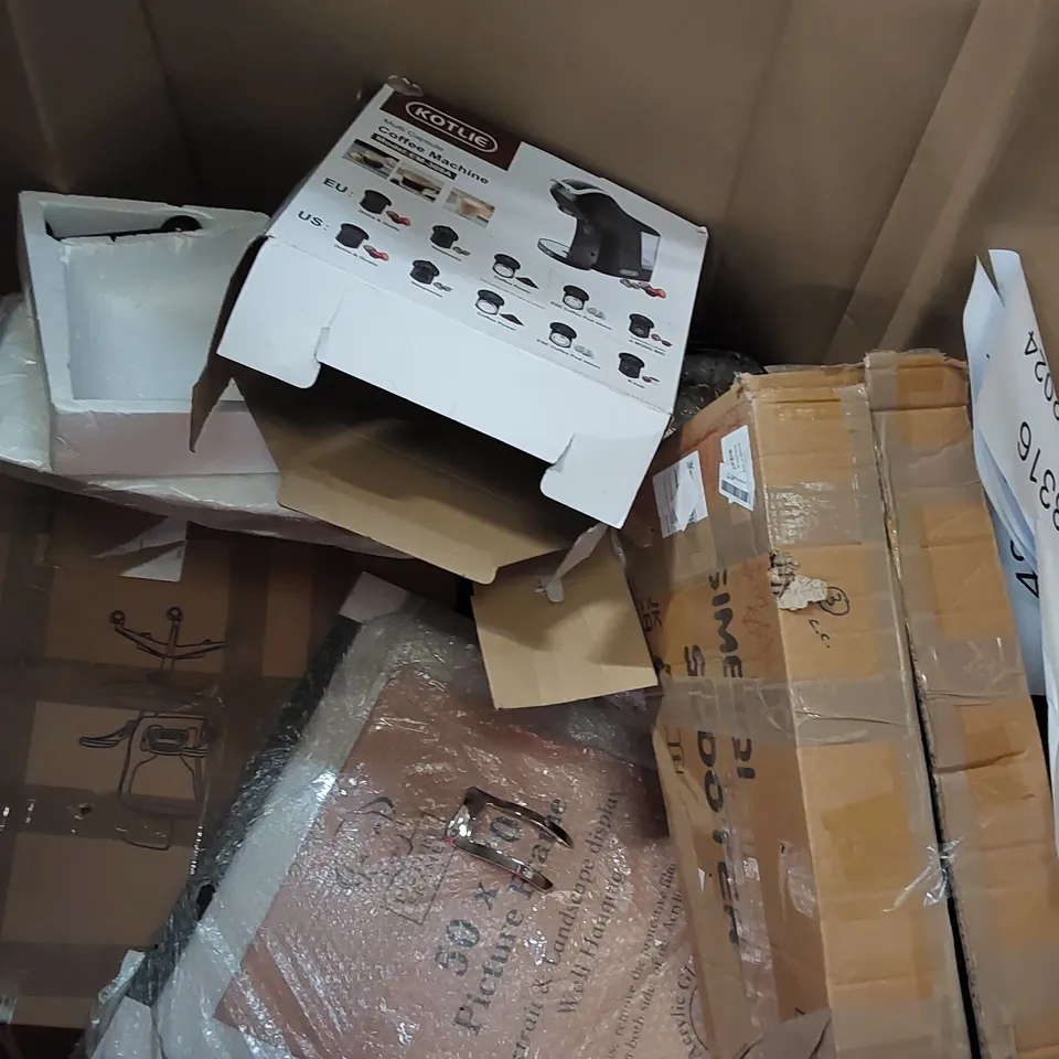 PALLET OF ASSORTED CONSUMER GOODS AND FURNITURE PRODUCTS TO INCLUDE; OFFICE CHAIRS, MULTIFUNCTIONAL FOOD PROCESSORS, MAGNETIC MINI EXERCISE BIKE, METAL FRAME MIRROR ECT. 