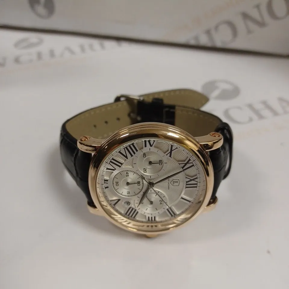 MENS LOUIS LACOMBE CHRONOGRAPH WATCH – MULTI FUNCTION DIAL WITH DATE – ROMAN NUMERAL DIAL – LEATHER STRAP