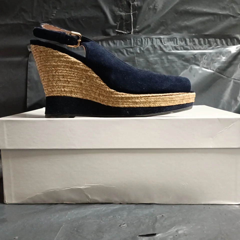 BOXED PAIR OF RUSSELL & BROMLEY PEEP TOE HIGH WEDGE SANDALS IN NAVY SIZE UNSPECIFIED