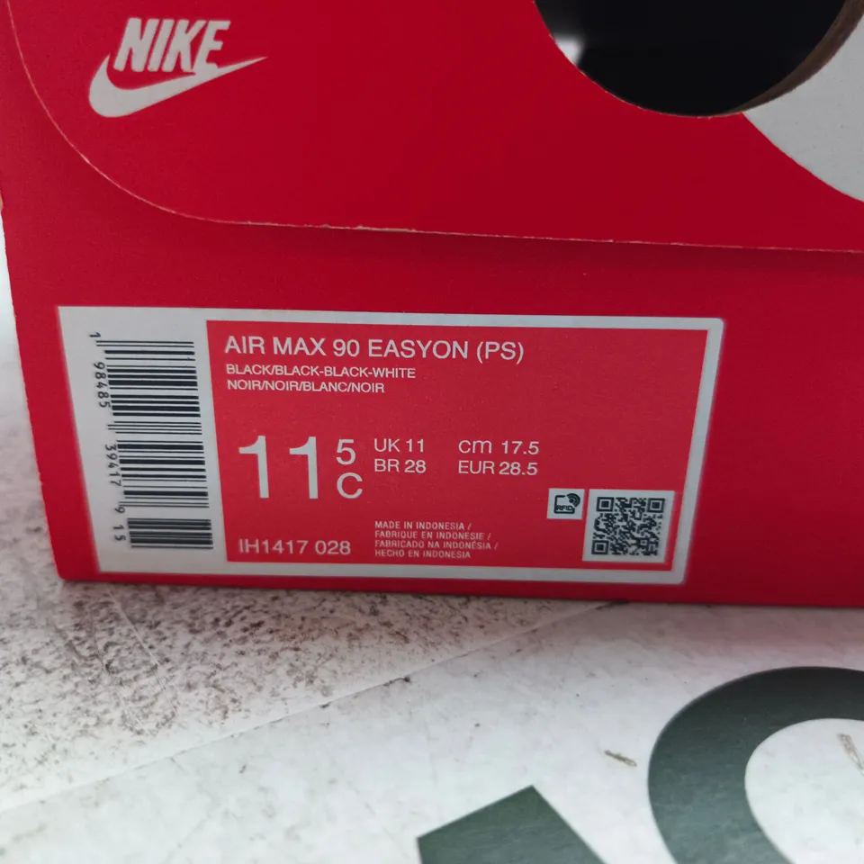 BOXED PAIR OF NIKE AIR MAX 90 TRAINERS – BLACK, UK 11 - KIDS