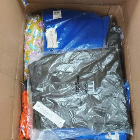 LARGE BOX OF ASSORTED CLOTHING ITEMS IN VARIOUS STYLES , COLORS AND SIZES