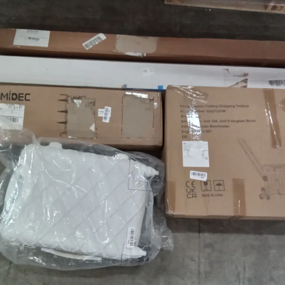 PALLET OF ASSORTED ITEMS INCLUDING HOMIDEC DRYING RACK, FOLDING SHOPPING TROLLEYS, SMALL WHITE SUITCASE, DOCA 12FT EXTENSION POLE + DUAL ROTATION SQUEEGEE, YEAKOO 3-TIER INDUSTRIAL END TABLE 