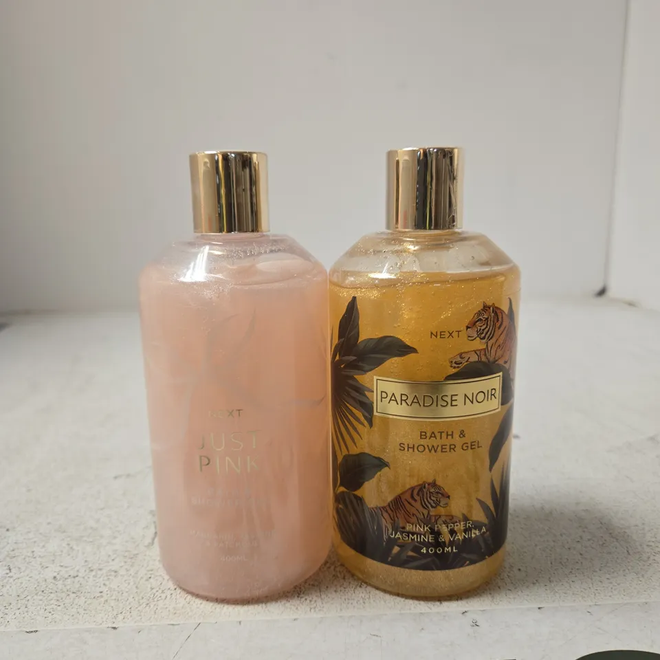 NEXT JUST PINK SHOWER GEL 400ML, PARADISE NOIR BATH & SHOWER GEL 400ML, WHITE EMBROIDERED HEART COSMETIC POUCH