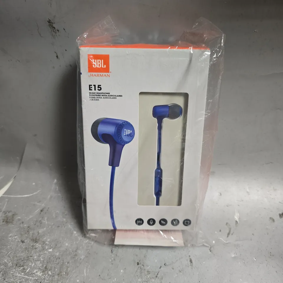 APPROXIMATELY 50 BOXED JBL E15 IN-EAR HEADPHONES IN BLUE