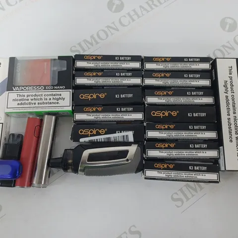LOT OF 20 ASSORTED ELECTRONIC CIGARETTE ITEMS TO INCLUDE ASPIRE KE BATTERIES AND ELFBAR DEVICE