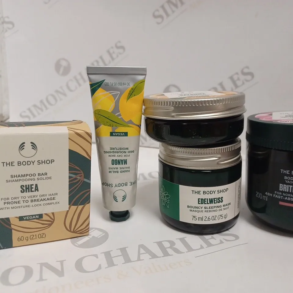 THE BODY SHOP BODY PRODUCTS INCLUDING BUTTER, BODY YOGURT, SHAMPOO BAR