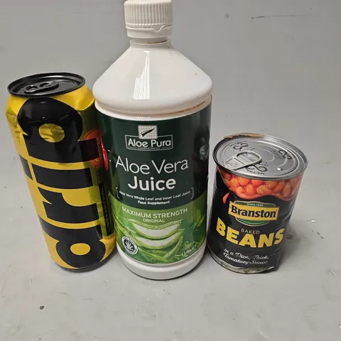 APPROXIMATELY 8 ASSORTED FOOD & DRINK ITEMS TO INCLUDE - BRANSTON BEANS , DRIP WATER , ALOE PURA JUICE ETC