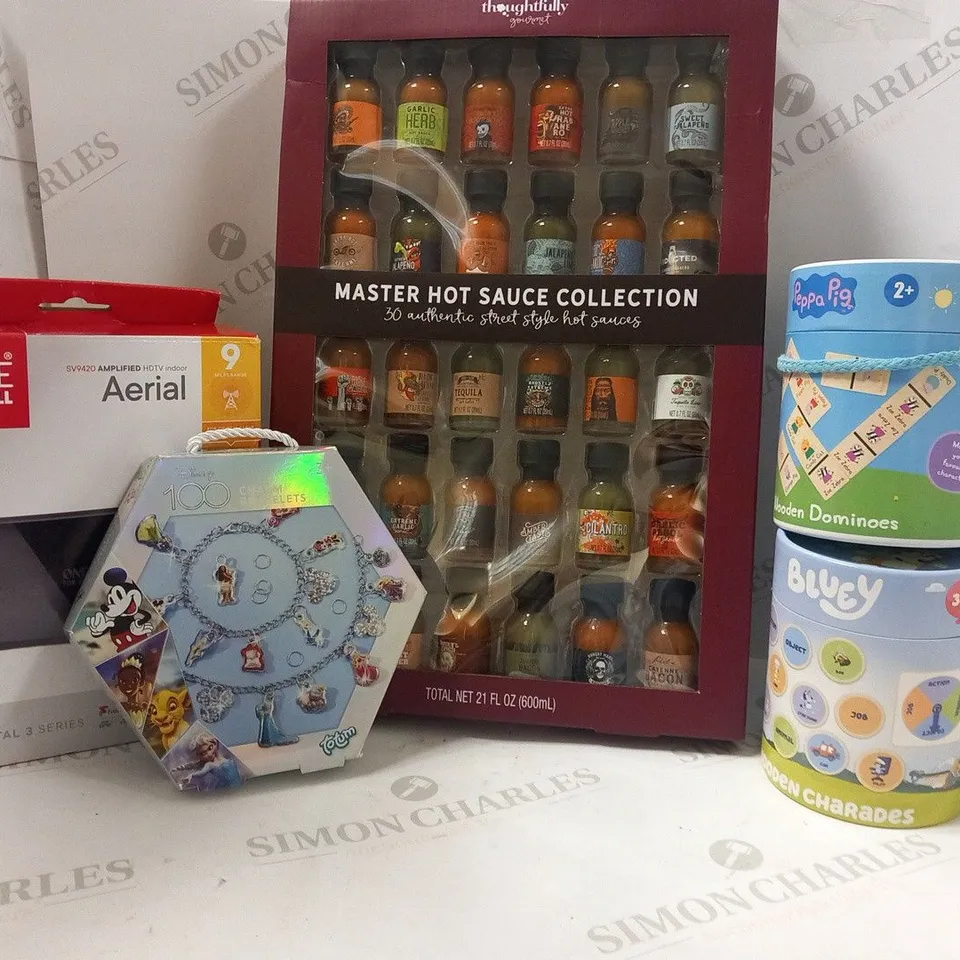 APPROXIMATELY 9 ASSORTED PRODUCTS TO INCLUDE; THOUGHTFULLY MASTER HOT SAUCE COLLECTION, DISNEY 100 CHARM BRACELT, ONE FOR ALL AERIAL AND BLUEY CHARADES