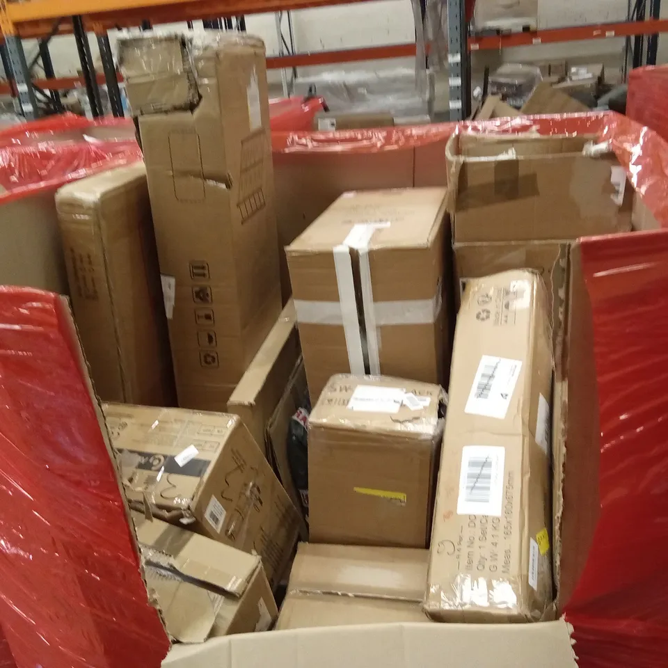 PALLET OF ASSORTED HOUSEHOLD GOODS AND PRODUCTS TO INCLUDE; CHEST OF DRAWERS, KIDS TOYS, VIBRATION PLATES, KITCHEN SINK, TABLETOP FAN ETC