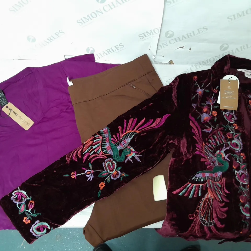A BOX OF 10 CLOTHING ITEMS TO INCLUDE A PURPLE TOP A BROWN PAIR OF STRETCHY TROUSERS AND A ORIENTAL STYLE VELVET EFFECT JACKET WITH PEACOCK DESIGN 