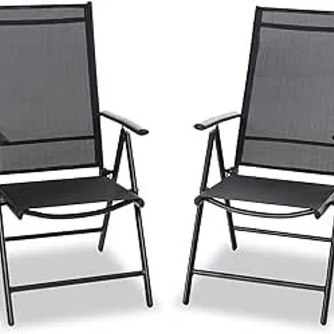 BOXED PHI VILLA FOLDABLE GARDEN CHAIRS WITH ALUMINUM FRAME, ADJUSTABLE 7 SEATING POSITIONS, HIGH BACK FOLDING RECLINING OUTDOOR CHAIRS (SET OF 2) - BLACK (1 BOX)