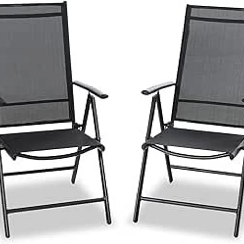 BOXED PHI VILLA FOLDABLE GARDEN CHAIRS WITH ALUMINUM FRAME, ADJUSTABLE 7 SEATING POSITIONS, HIGH BACK FOLDING RECLINING OUTDOOR CHAIRS (SET OF 2) - BLACK (1 BOX)