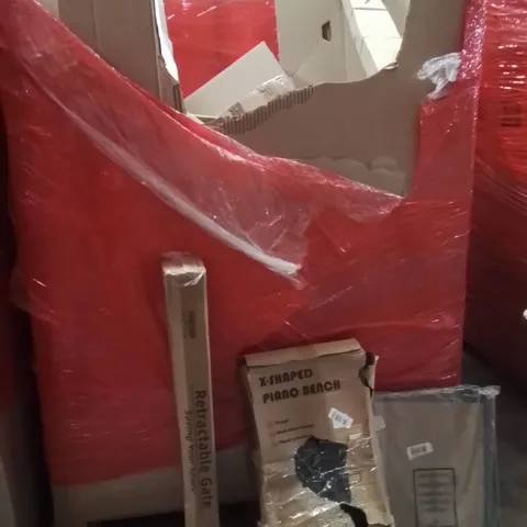 PALLET OF ASSORTED HOUSEHOLD GOODS AND PRODUCTS TO INCLUDE;PICTURE FRAME,RETRACTABLE SAFETY GATE,PIANO BENCH