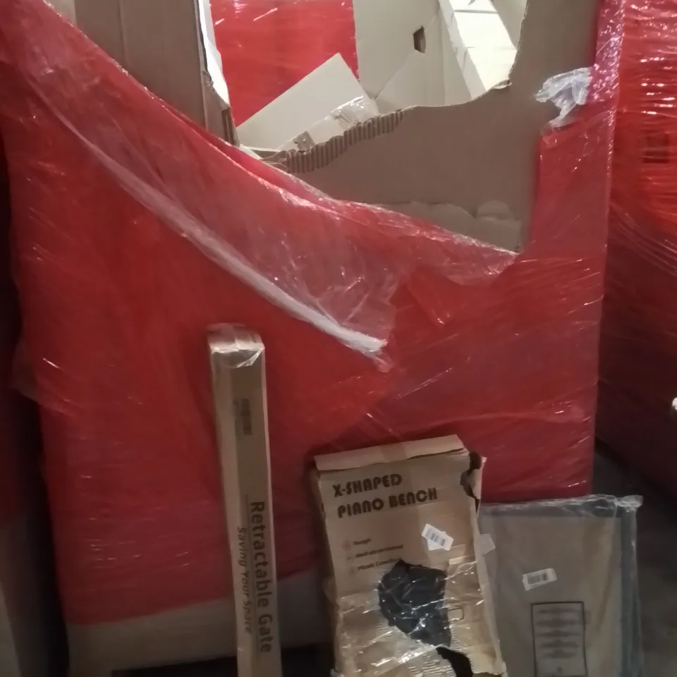 PALLET OF ASSORTED HOUSEHOLD GOODS AND PRODUCTS TO INCLUDE;PICTURE FRAME,RETRACTABLE SAFETY GATE,PIANO BENCH
