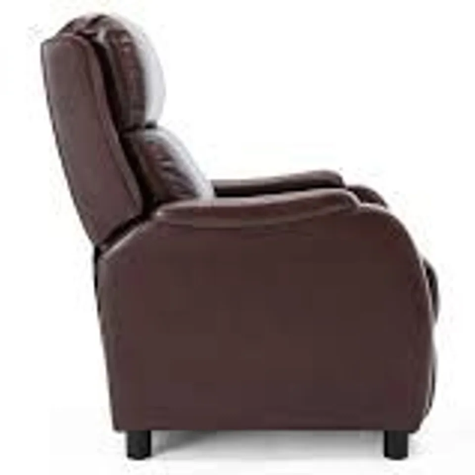 BOXED DESIGNER BROWN LEATHER PUSH BACK RECLINING EASY CHAIR 