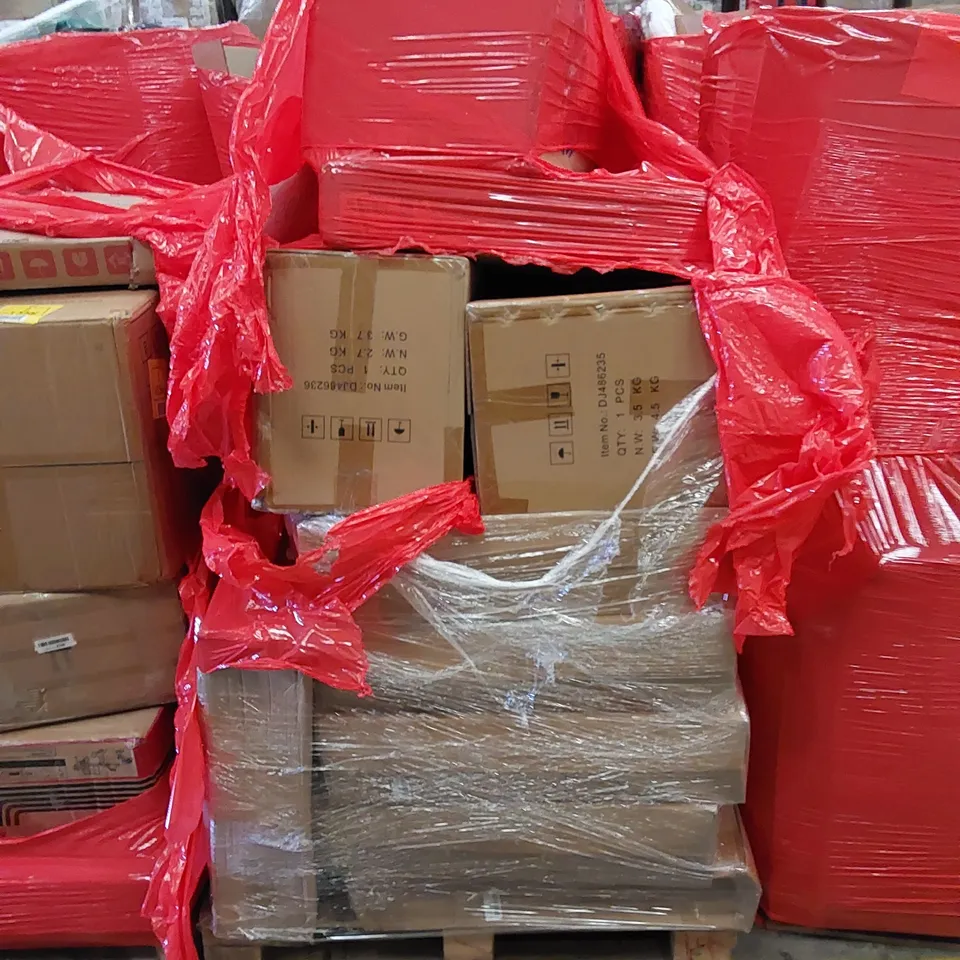 PALLET TO CONTAIN ASSORTED HOUSEHOLD ITEMS AND CONSUMER PRODUCTS. INCLUDING FOOT SPAS AND BOXED FURNITURE ETC