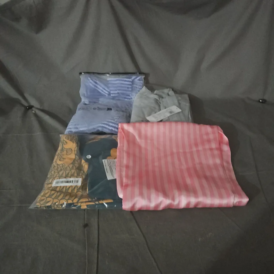 BOX OF APPROXIMATELY 25 ASSORTED CLOTHING ITEMS TO INCLUDE PINK STRIPE PYJAMAS, MENS LOUNGE PANTS, BLUE STRIPED SHIRT, DRAGON PRINT TOP ETC