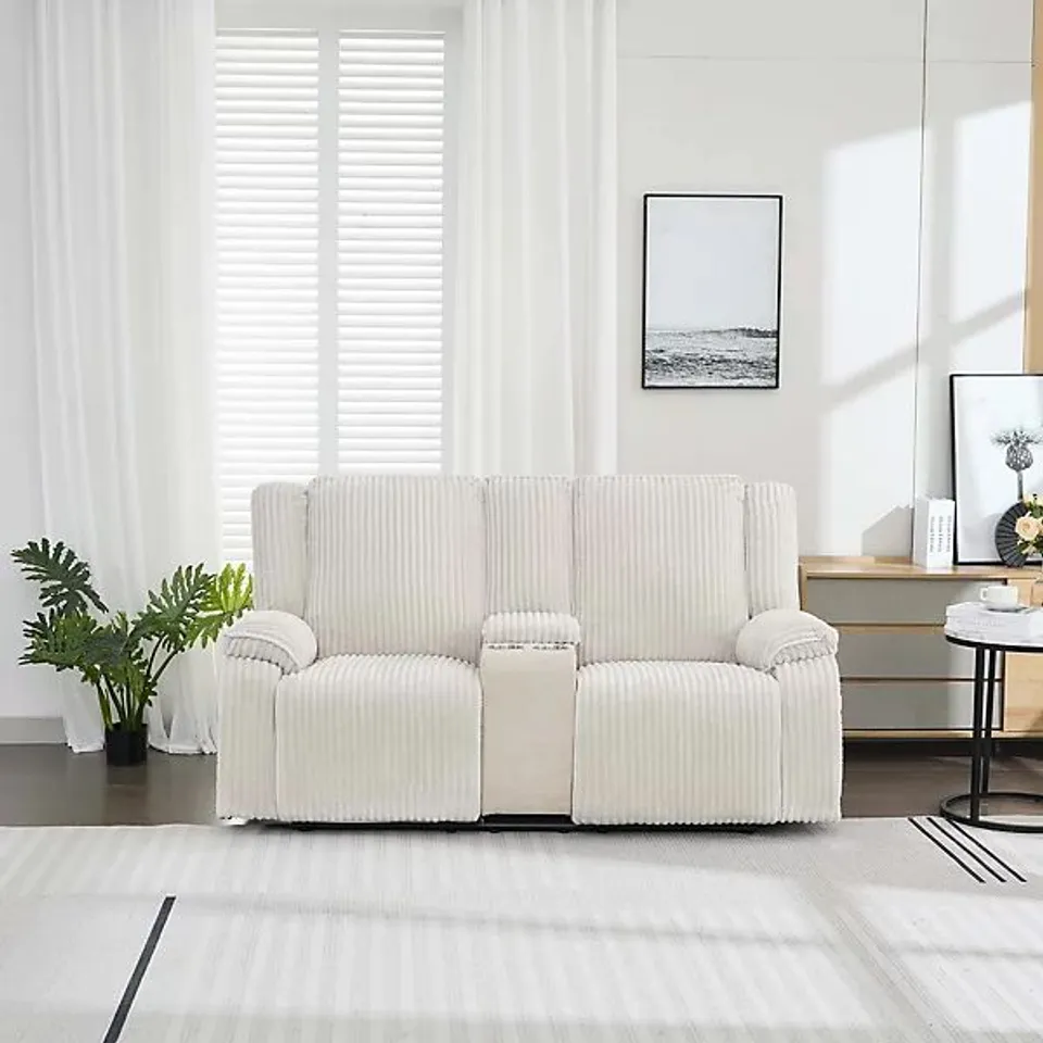 BOXED VERONA 2 SEATER JUMBO CORD MANUAL RECLINER SOFA WITH DRINKS CONSOLE