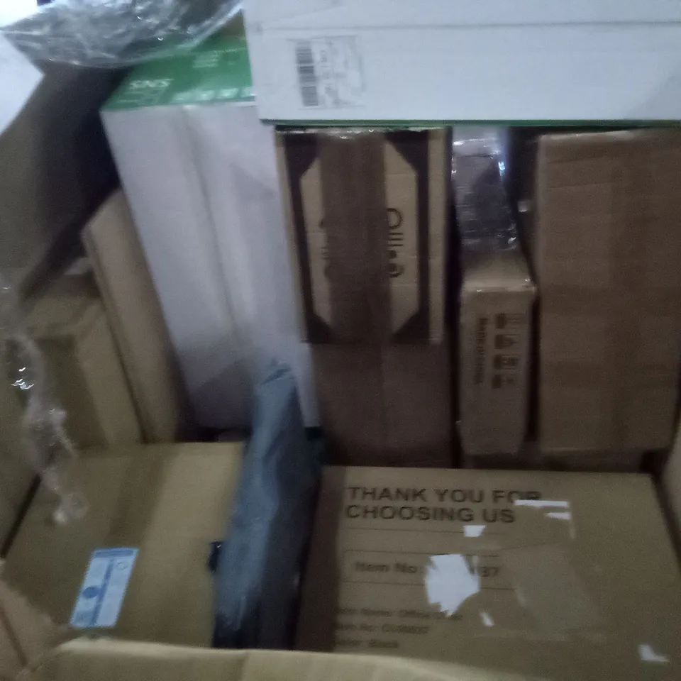 PALLET OF ASSORTED ITEMS INCLUDING OFFICE CHAIR, LED CEILING FAN, HOMIDEC DRYING RACK, FLOGUOOR CHAIR