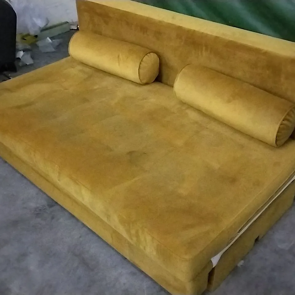 DESIGNER MUSTARD PLUSH VELVET SMALL SOFABED WITH STROLL CUSHIONS (SIDES MISSING)