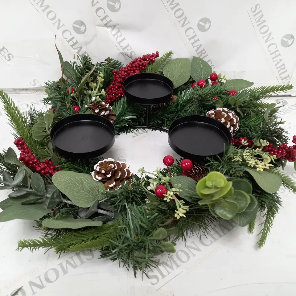 HOME REFLECTIONS 3 IN 1 FLAMELESS CANDLE WITH WREATH SET RED BERRY