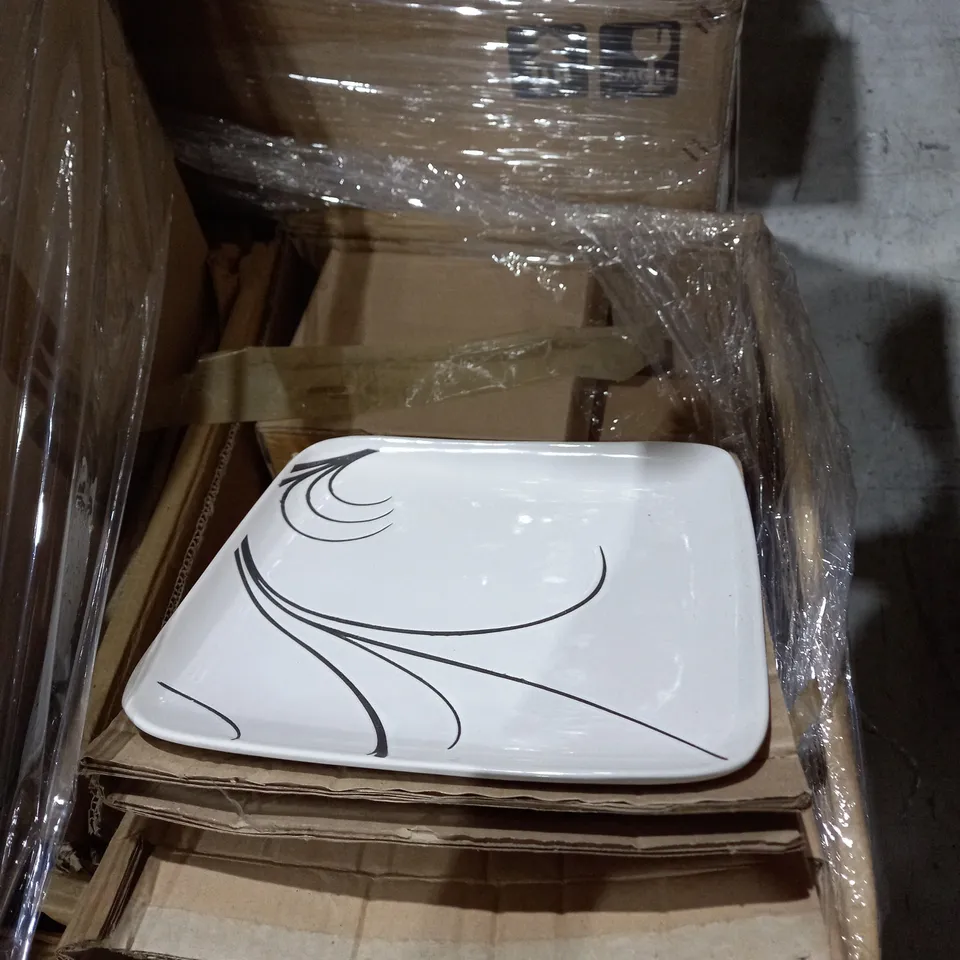 PALLET OF ASSORTED LIGHTING AND CROCKERY TO INCLUDE PLATES, MUGS, LAMP SHADES, AND BOWLS ETC.