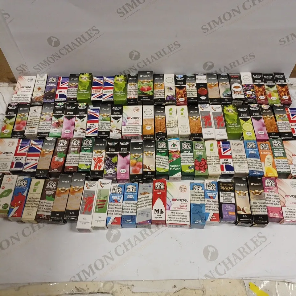 LOT OF APPROXIMATELY 30 E-LIQUID BOTTLES TO INCLUDE NICOMIX GOLDEN TOBACCO, WICKED ORIGINAL, AND 88VAPE MAIDENS TOBACCO ETC. 