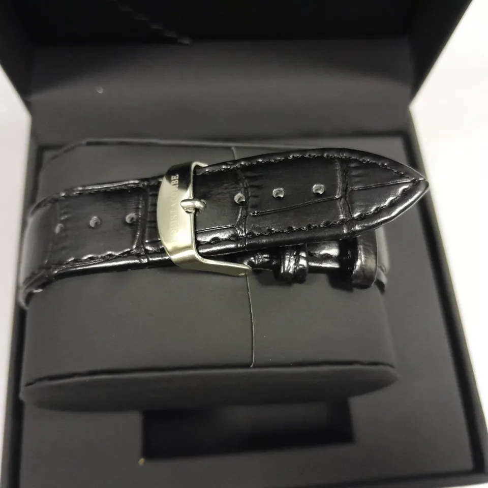 LOUIS LACOMBE BLUE SKELETON DIAL WATCH WITH STAINLESS STEEL CASE AND BLACK LEATHER STRAP IN GIFT BOX