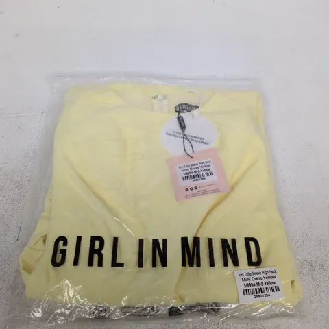 GIRL IN MIND AMI TULIP SLEEVE HIGH NECK MINI DRESS YELLOW – SIZE M