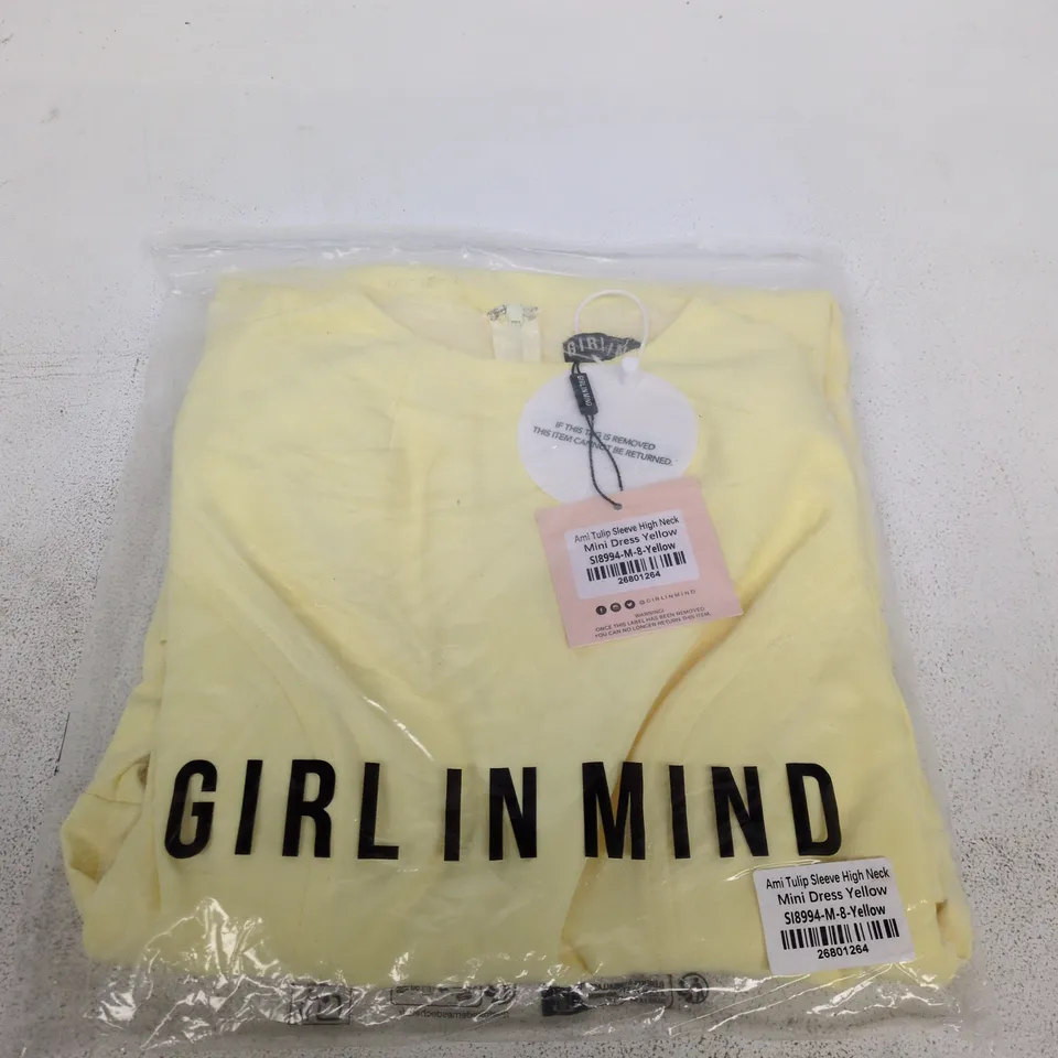 GIRL IN MIND AMI TULIP SLEEVE HIGH NECK MINI DRESS YELLOW – SIZE M