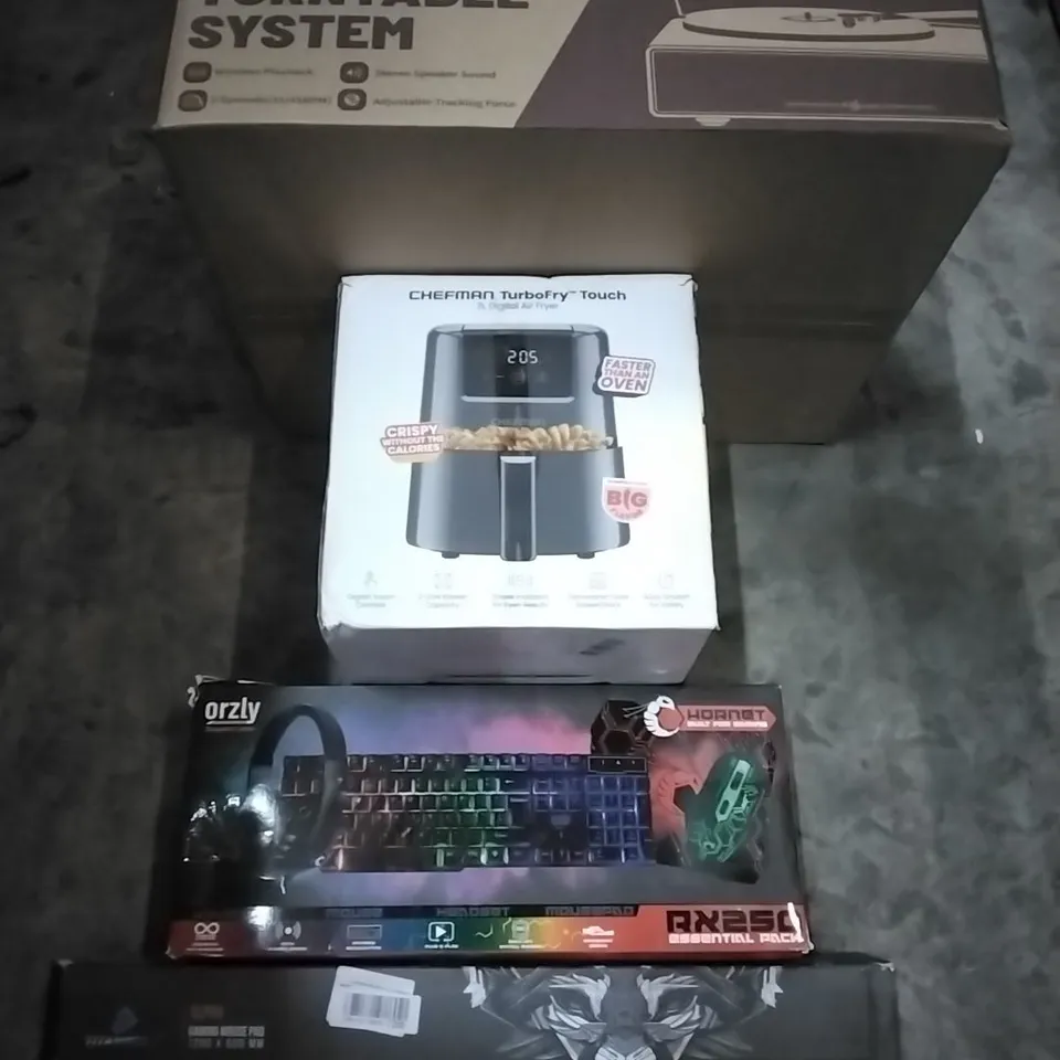 PALLET OF HOUSEHOLD ITEMS TO INCLUDE TURNTABLE SYSTEM, CHEFMAN TURBOFRY,GAMING SET,GAMING MOUSE PAD AND OTHER ASSORTED ITEMS...