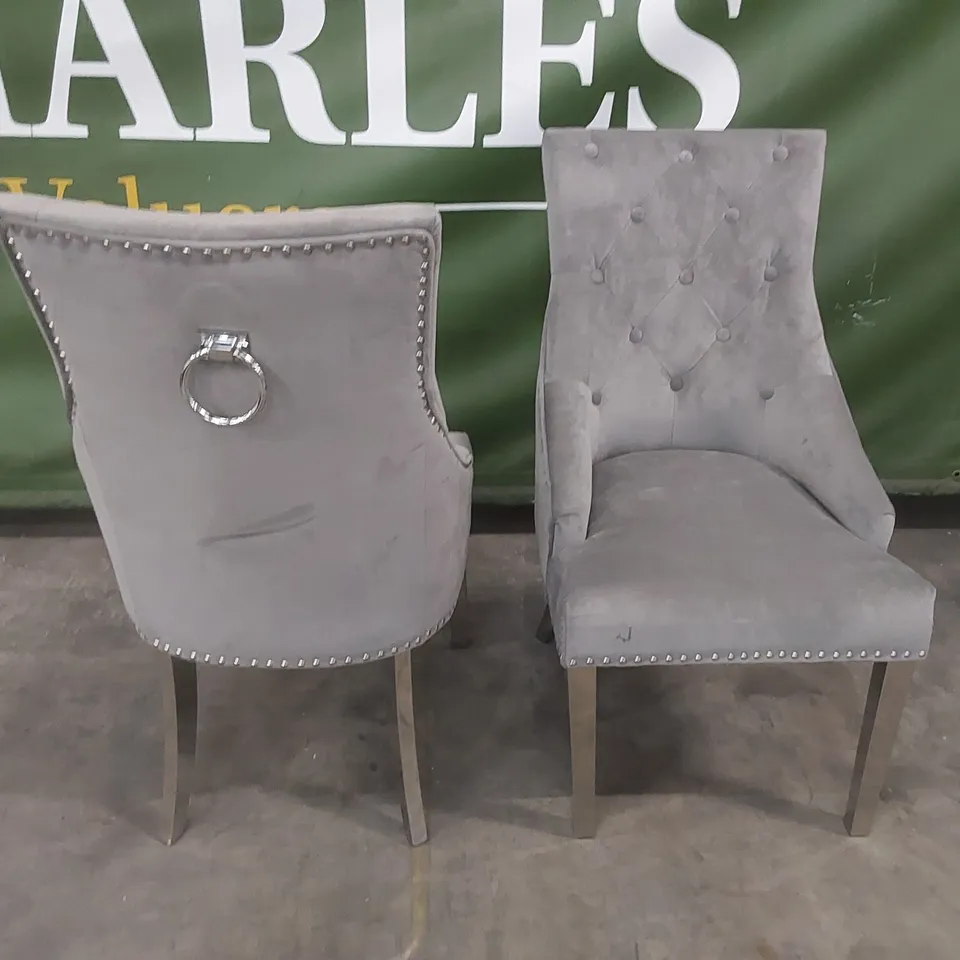 SET OF 2 IMPERIAL GREY VELVET BUTTON BACK DINING CHAIRS WITH CHROME LEGS 