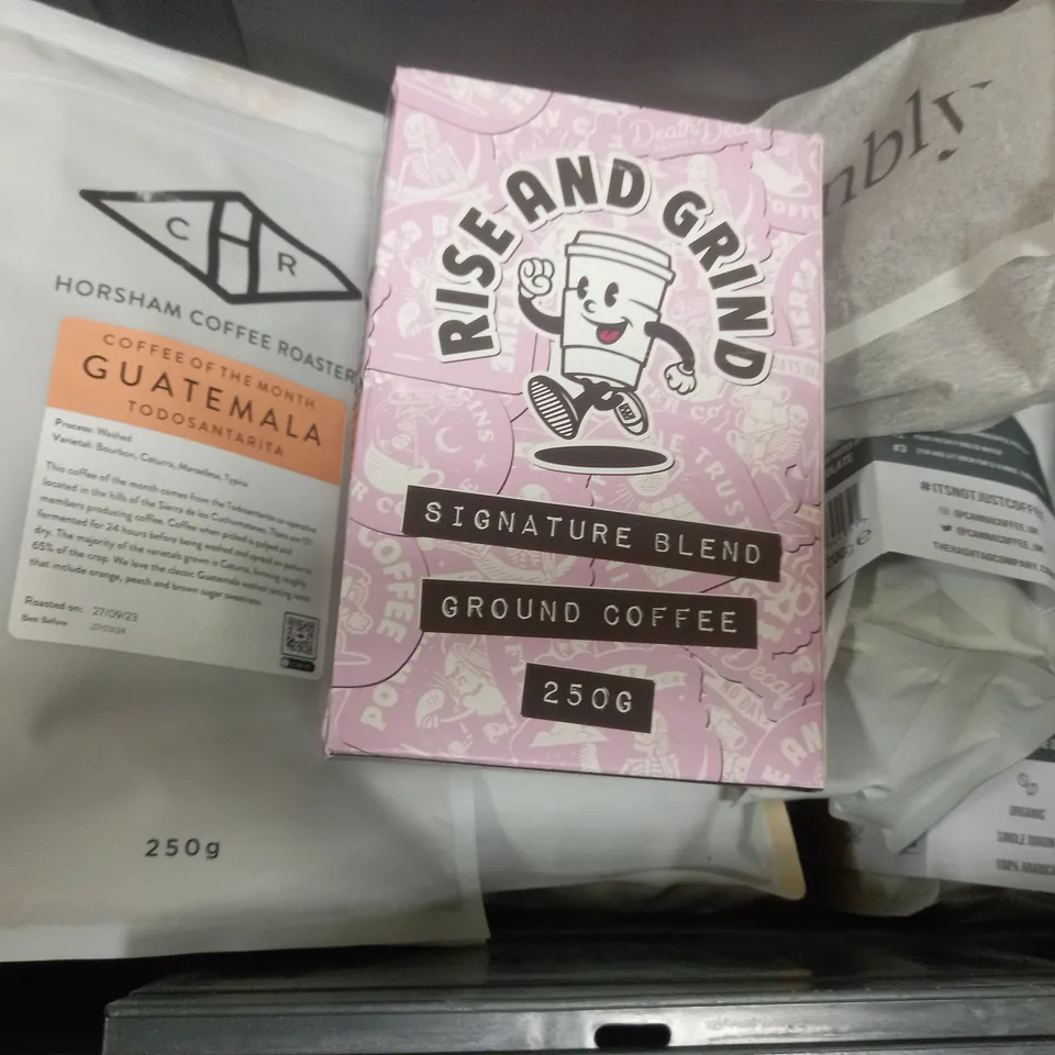 BOX OF APPROX 8 ASSORTED FOOD ITEMS TO INCLUDE - HORSHAM COFFEE ROASTER GUATEMALA - RISE AND GRIND GROUND COFFEE - CBD COFFEE ECT