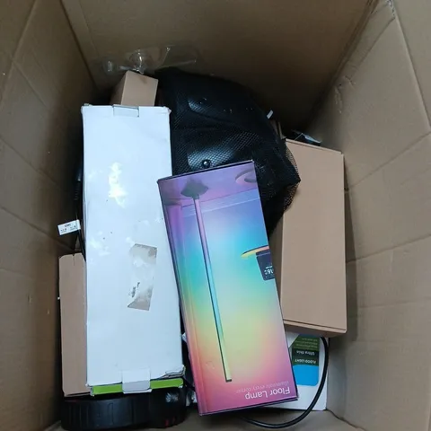 large box of assorted electrical items to include floor lamp, sky broadband and bt box