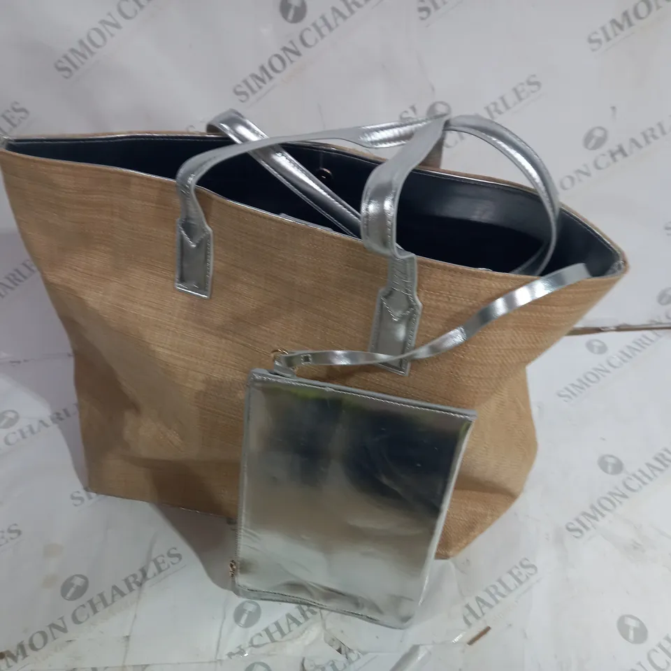 RUTH LANGSFORD BEIGE BEACH TOTE BLACK INTERIOR AND SILVER ACCENTS WITH SILVER PURSE