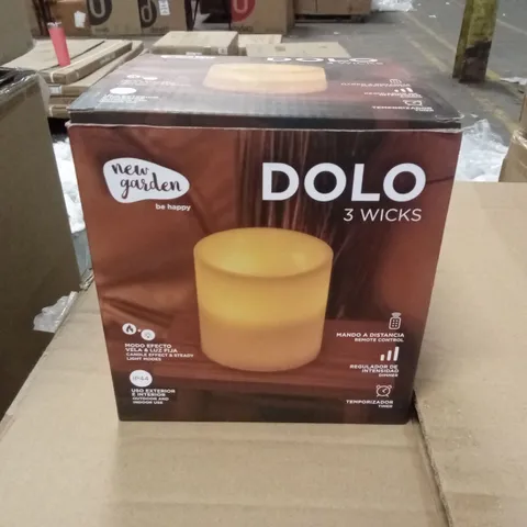 BOXED NEW GARDEN DOLO 3 WICKS CANDLE (x2 AA BATTERIES NOT INCLUDED) INDOOR & OUTDOOR USE, WARM LIGHT FLAME EFFECT