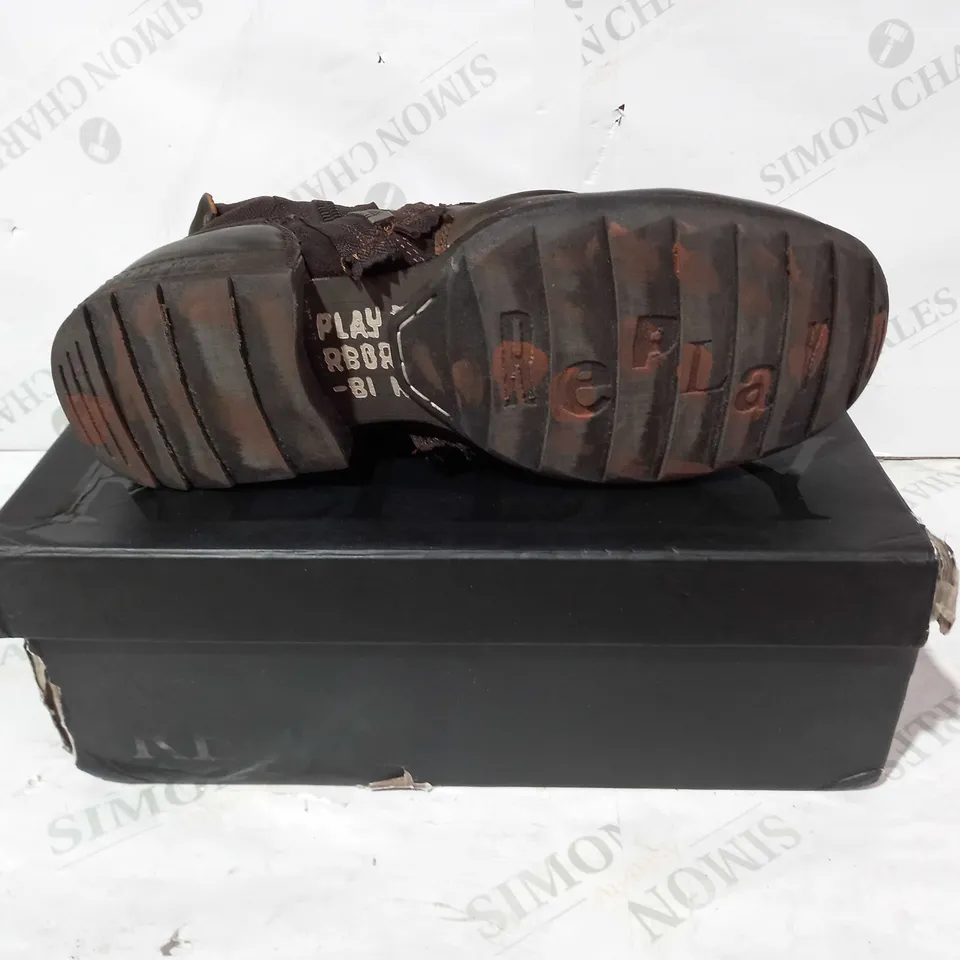 BOXED PAIR OF REPLAY LEATHER MID ANKLE ARMY BOOTS IN DARK BROWN UK SIZE 10