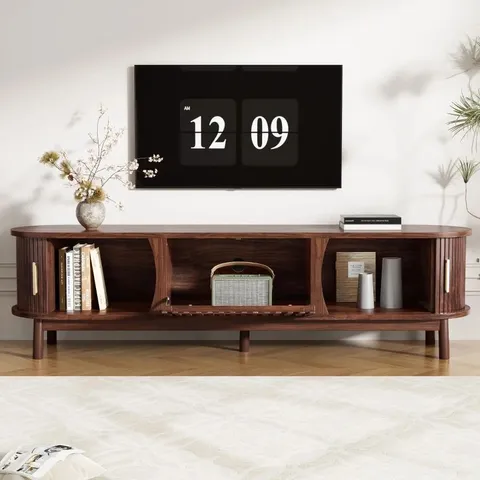BOXED RETRO MDF TV STAND WITH SLIDING WOOD-SLAT DOORS, STURDY UNIT WITH 3 COMPARTMENTS FOR 65-INCH TV, 165L X 39.5W X 46H CM, DARK OAK