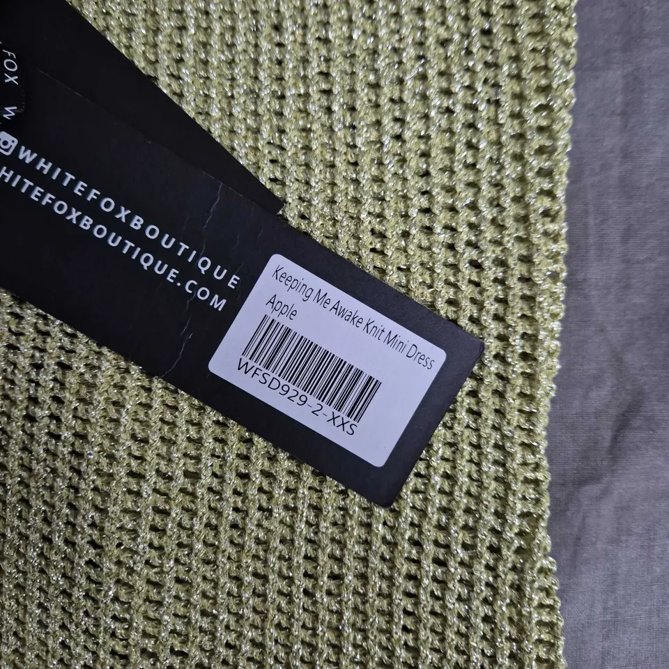 WHITE FOX BOUTIQUE KEEPING ME AWAKE KNIT MINI DRESS – GOLD/OLIVE, UK 4 (XXS)
