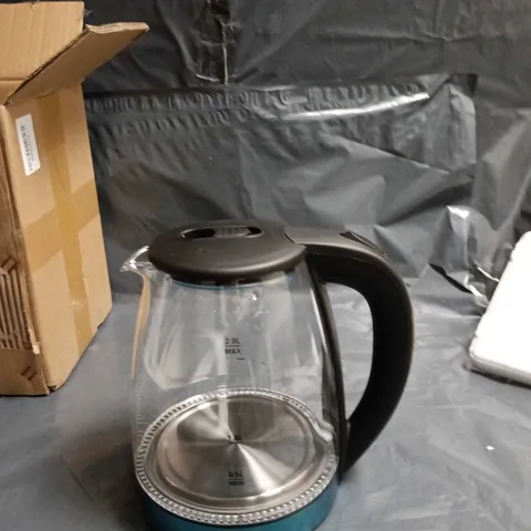 GLASS ELECTRIC KETTLE WITH STAINLESS STEEL INTERIOR, BLACK HANDLE AND TURQUOISE BASE