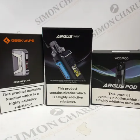 APPROXIMATELY 20 ASSORTED BOXED VAPING PRODUCTS TO INCLUDE GEEKVAPE L200, VOOPOO ARGUS PRO, VOOPOO ARGUS POD ETC.