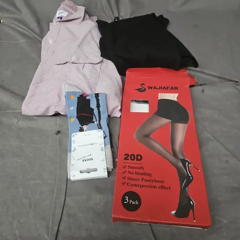 BOX OF APPROXIMATELY 25 ASSORTED CLOTHING ITEMS TO INCLUDE SOCKS, PANTYHOSE, BLACK LONG SLEEVE T SHIRT, LONG SLEEVE SHIRT ETC