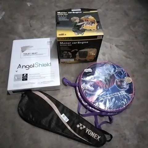 PALLET OF HOUSEHOLD ITEMS TO INCLUDE BADMINTON RACKET, TENTS,MOTOR CAR ENGINE TOY, TOILET SEAT AND OTHER ASSORTED ITEMS....