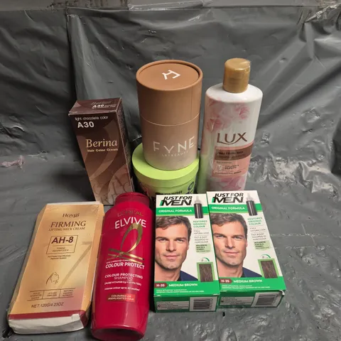 TOTE OF APPROXIMATELY 15 ASSORTED COSMETIC ITEMS TOO INCLUDE JUST FOR MEN, LUX AND GARNIER