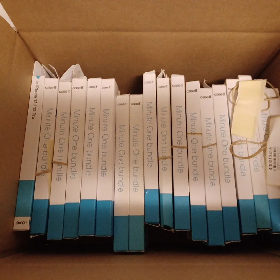 BOX OF APPROX 20 MINUTE ONE BUNDLES FOR ASSORTED PHONES INCLUDING SCREEN PROTECTOR AND PHONE CASE