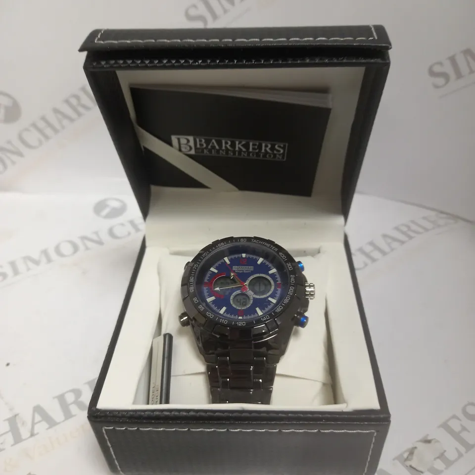 BOXED BARKERS OF KENSINGTON MEGA SPORT BLUE DIAL WATCH 