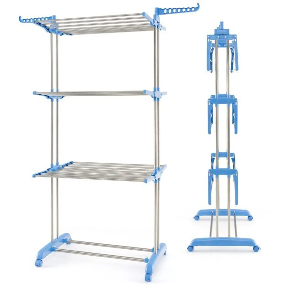 BOXED COSTWAY 4 TIER FOLDABLE CLOTHES DRYING RACK - BLUE