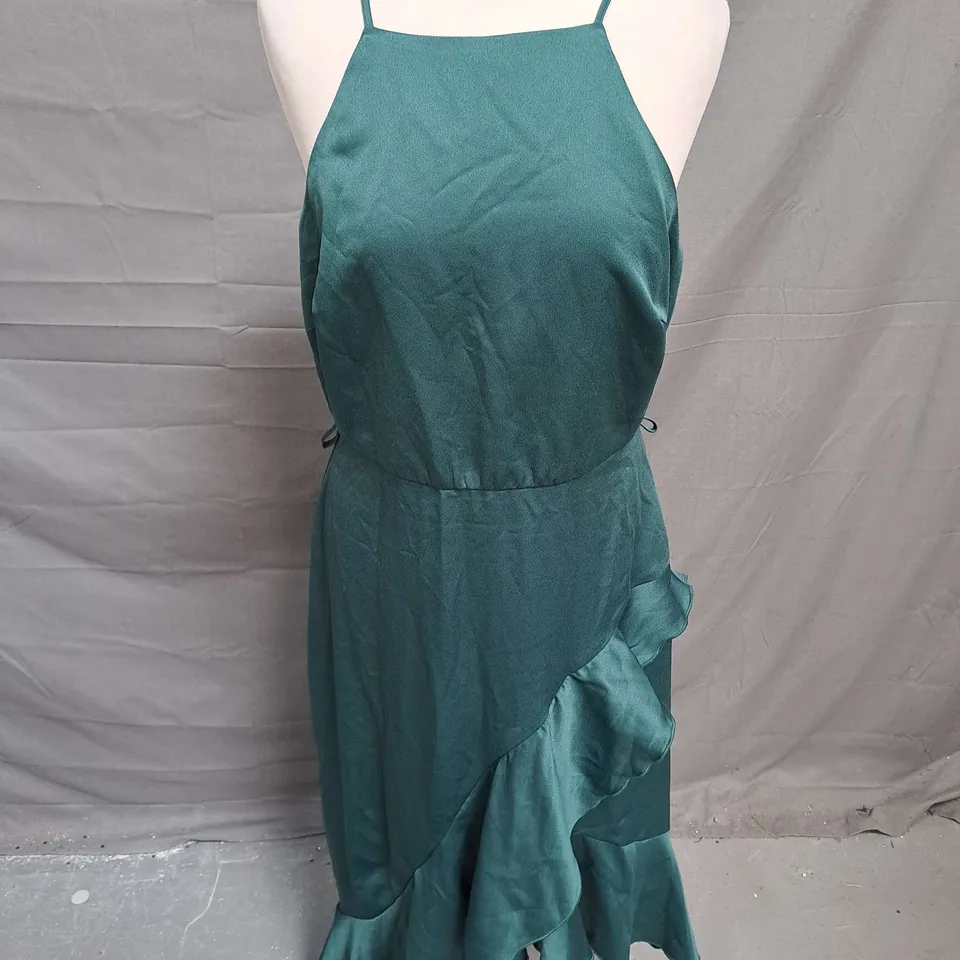 STYLECHEAT RUFFLE SATIN DRESS IN DARK GREEN SIZE 12