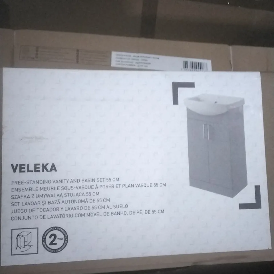 BOXED VELEKA FREE STANDING VANITY AND WHITE BASIN SET 55CM (GREY)