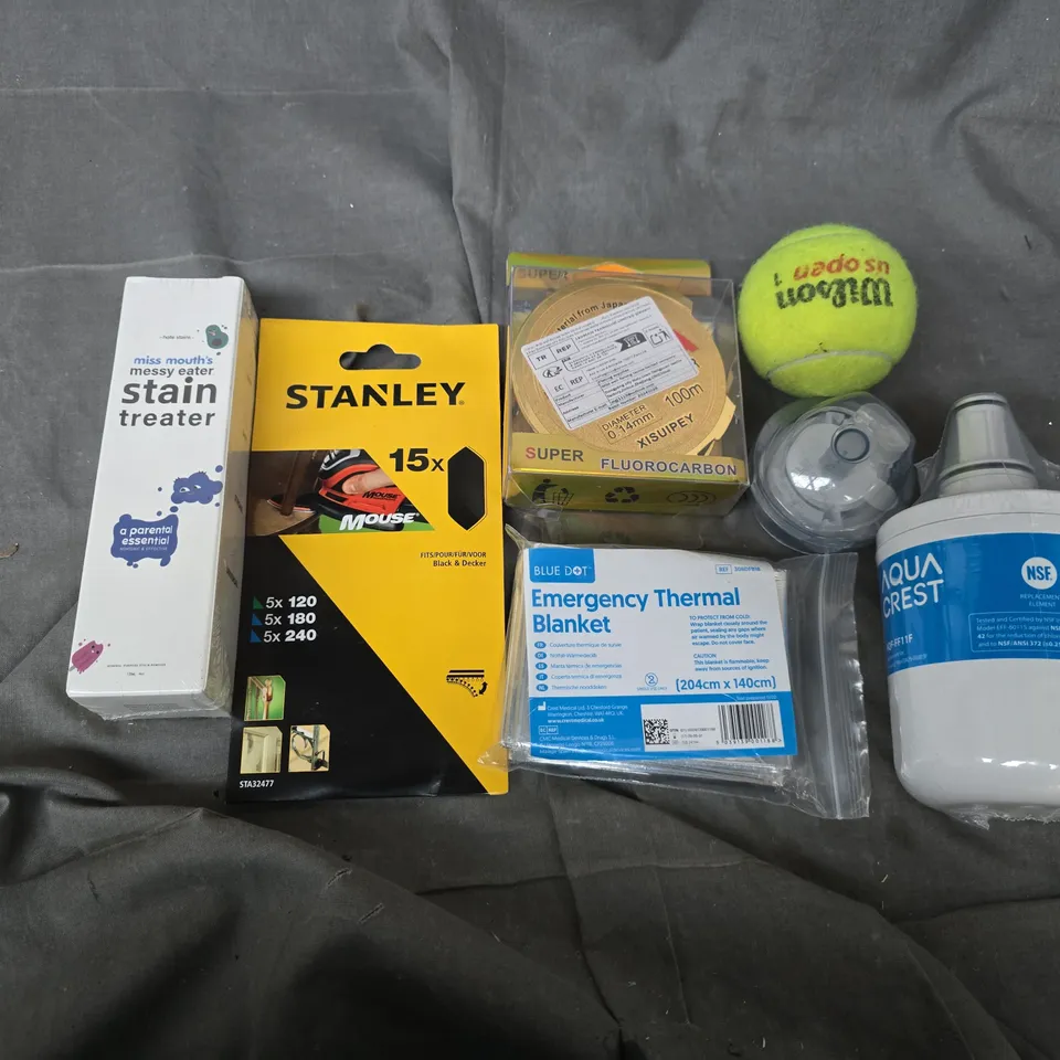 APPROXIMATELY 15 ASSORTED HOUSEHOLD ITEMS TO INCLUDE TENNIS BALL, STAIN TREATER, AQUA CREST FILTER, ETC